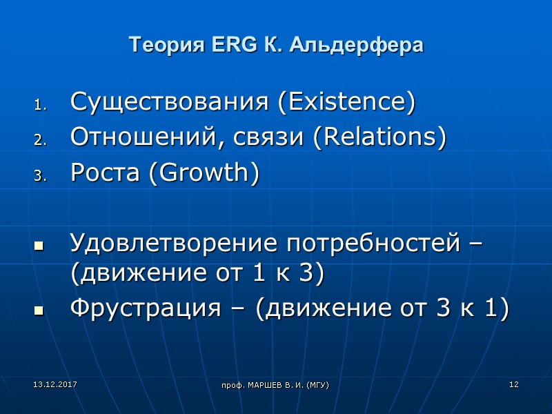 проф. МАРШЕВ В. И. (МГУ) Теория ERG К. Альдерфера Существования (Existence) Отношений, связи (Relations)